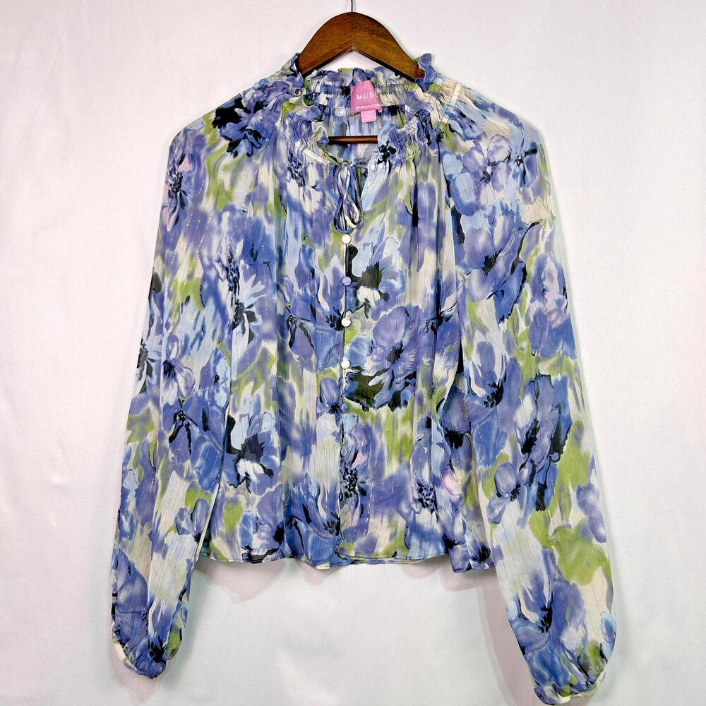 MUSE Republic Clothing Floral Sheer Blouse Womens Large Blue Long Sleeve Boho